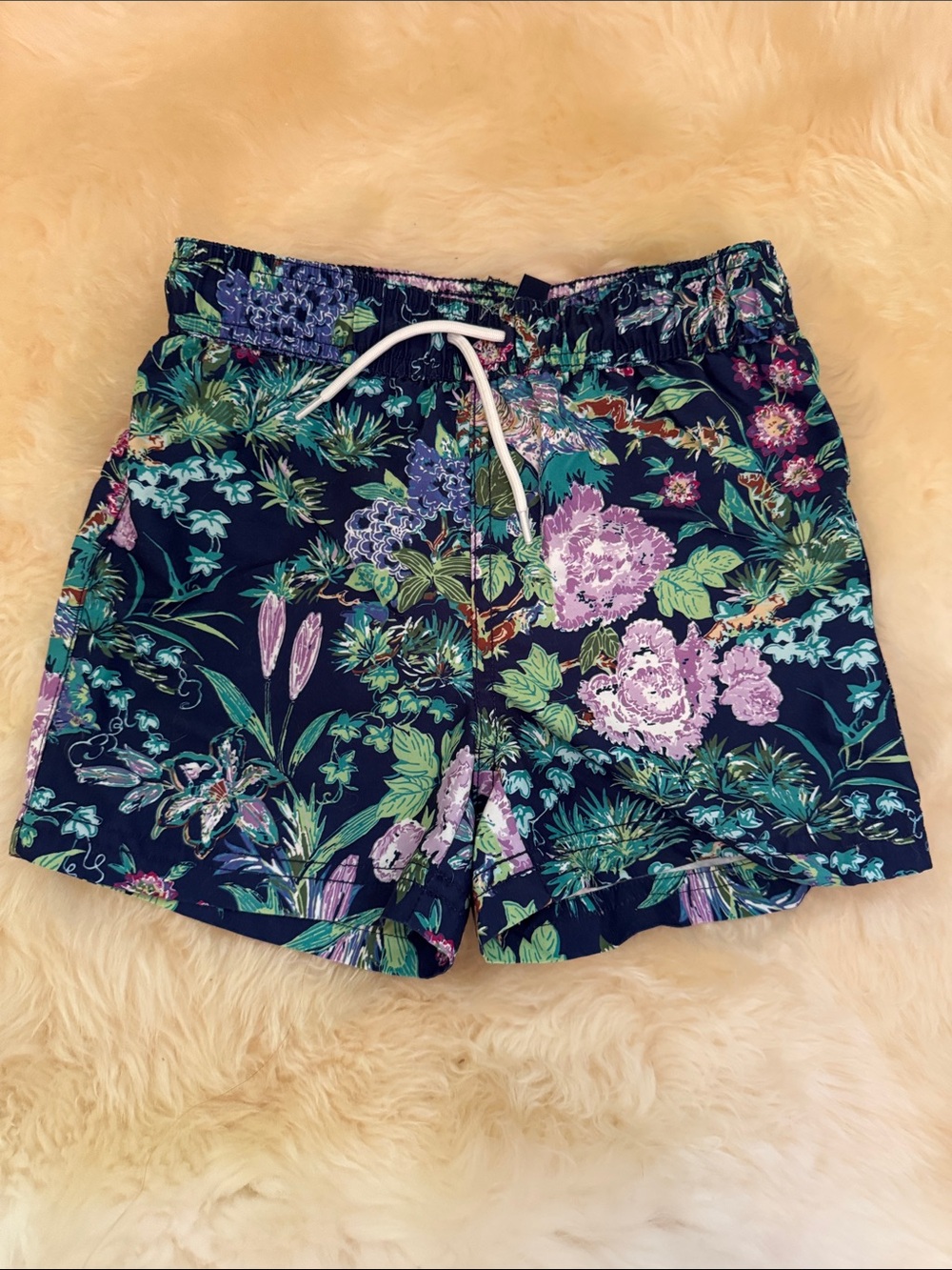 Janie and Jack Navy Floral Swim Trunks with Green & Purple
